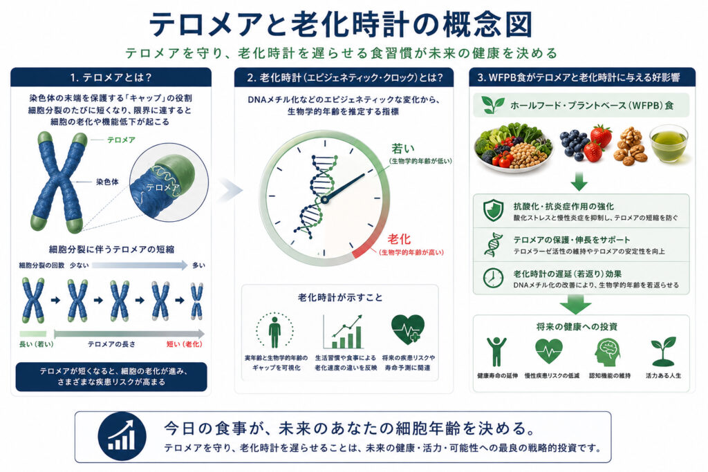 テロメアと老化時計の概念図